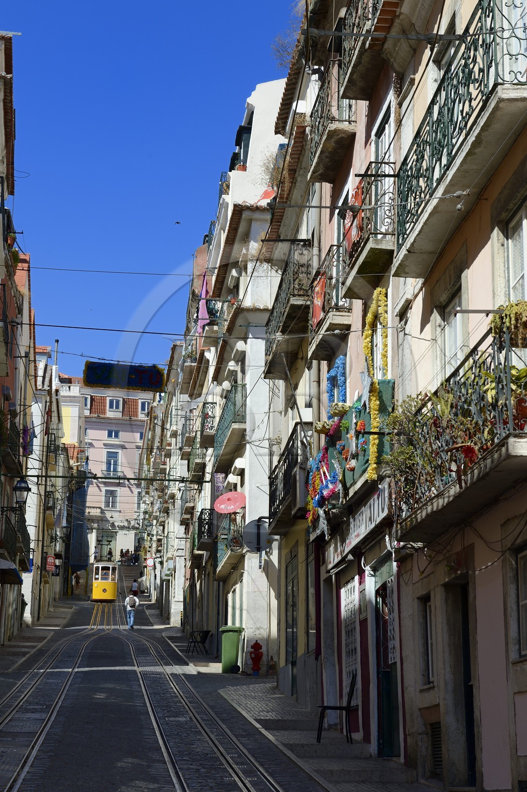 Portugal, Lisbonne, quartier du Bairro Alto, le funiculaire de Bica, reliant le quartier de Bairro alto aux rives du Tage