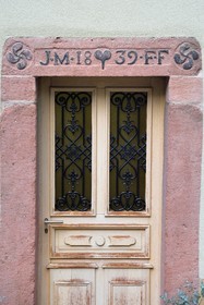 France, Haut Rhin, Thannenkirch, house whose lintel indicates the marriage of the owners J.M. and F.F. in 1839