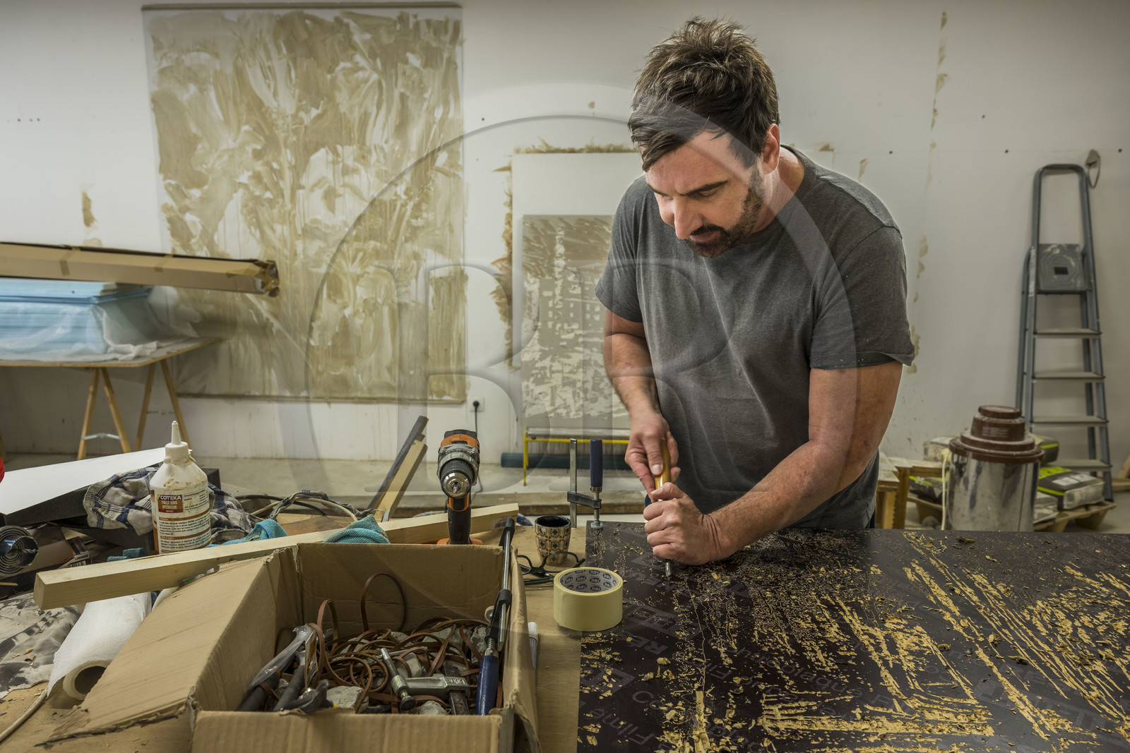 France, Herault, Sete, visual artist Jean Denant in his studio