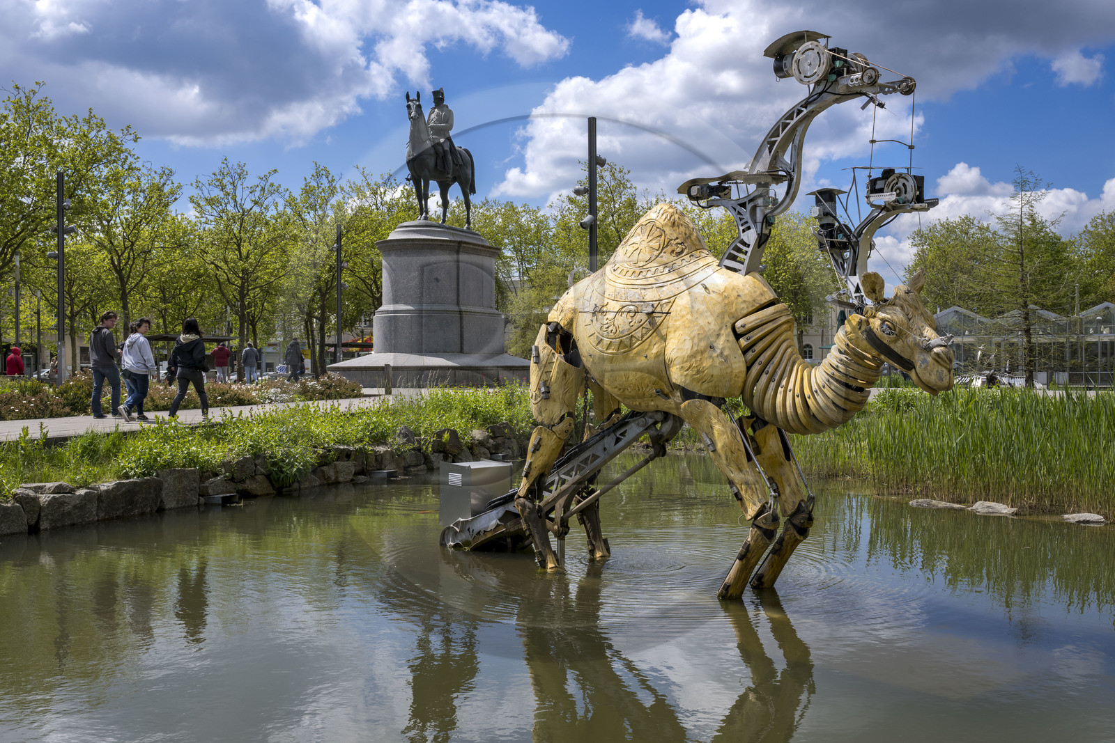 France, Vendee, La Roche-sur-Yon, place Napoléon, mechanical camel creation of the company La Machine and the equestrian statue of Napoleon