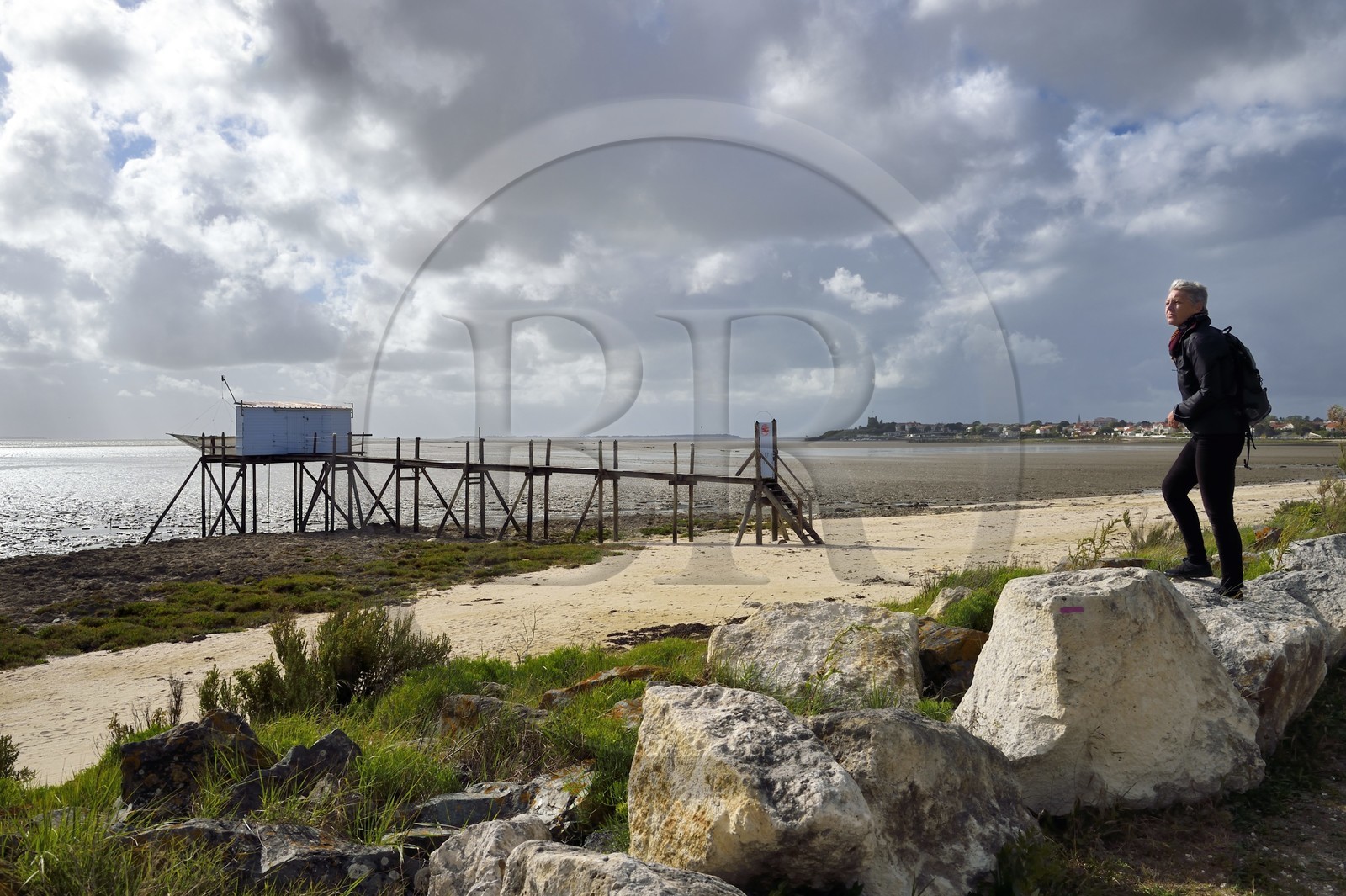 France, Charente-Maritime (17), Fouras, plage de l'Espérance découverte par la marée et cabanes à carrelets, le fort de Fouras fortifié par Vauban en 1672 en arrière plan