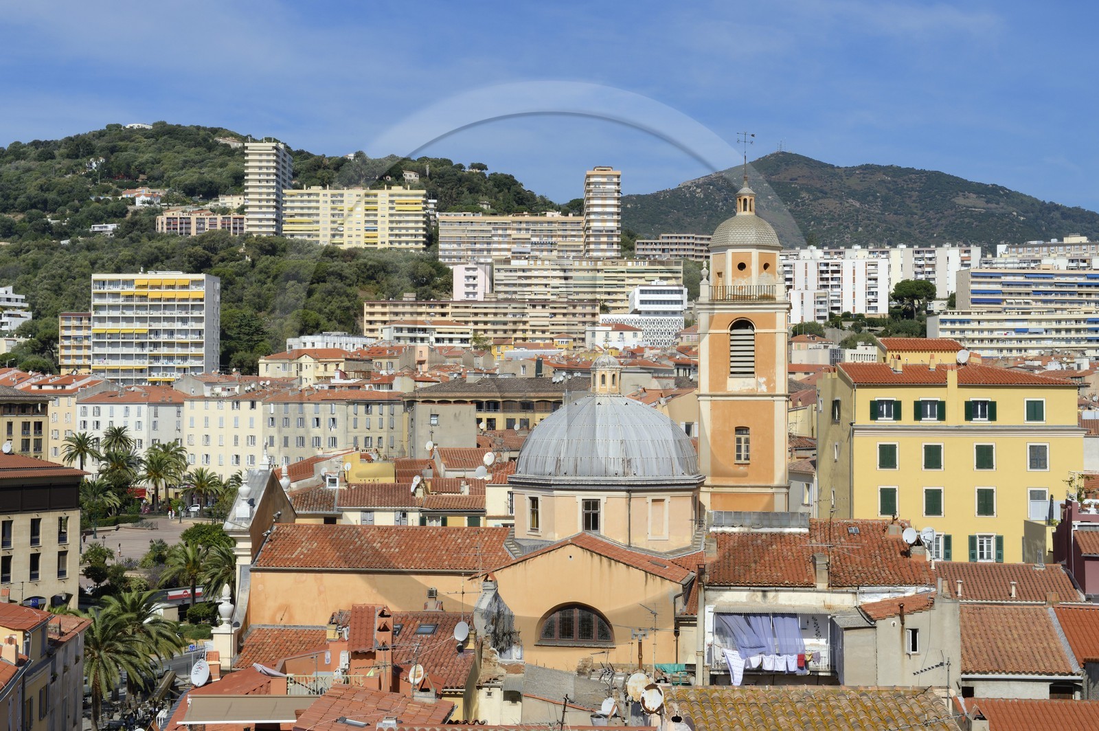 France, Corse du Sud, Ajaccio, Cathedral of Our Lady of the Assumption (Santa Maria Assunta cathedral) in the foreground