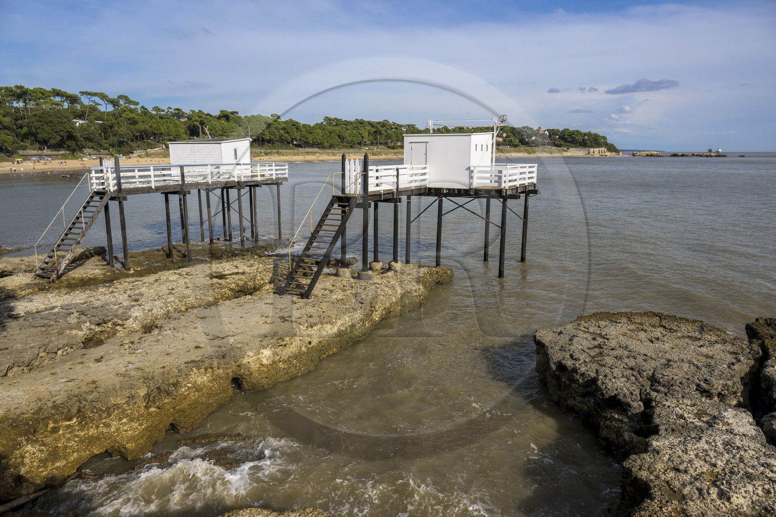 France, Charente-Maritime, Royan region, Saint Palais sur Mer, traditional carrelet (fishing shack) in fishing huts at the mouth of the Gironde estuary facing the Atlantic Ocean