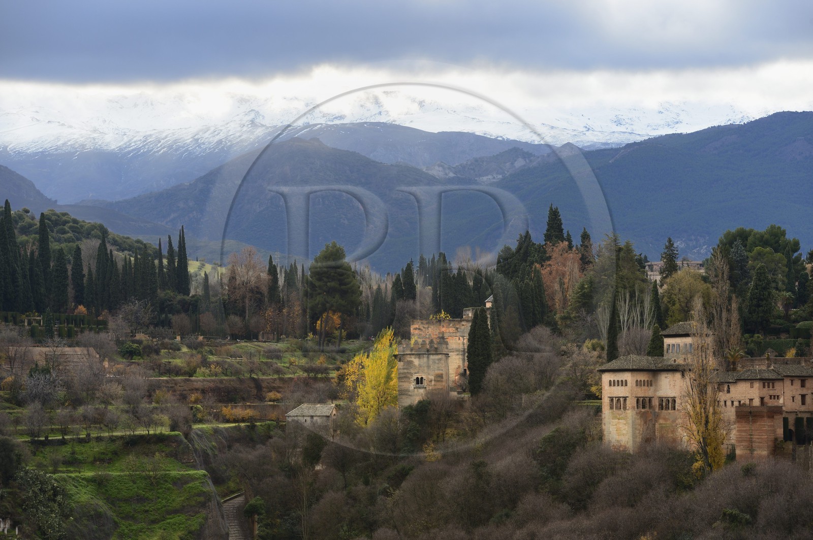Spain, Andalusia, Granada, Alhambra, listed as World Heritage by UNESCO, and the Sierra Nevada mountains
