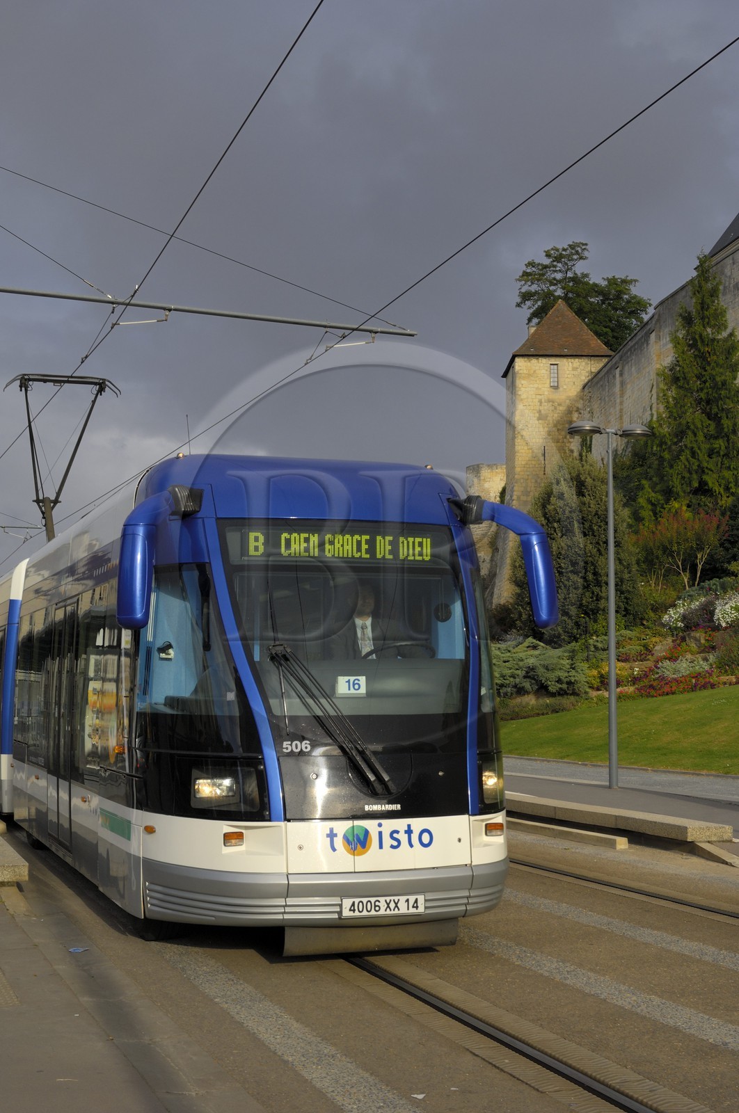 France, Calvados, Caen, the tram passing by the ducal castle