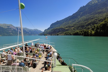 Switzerland, Canton of Bern, Bernese Oberland, Interlaken, cruise ship on Lake Brienz (Brienzer See)