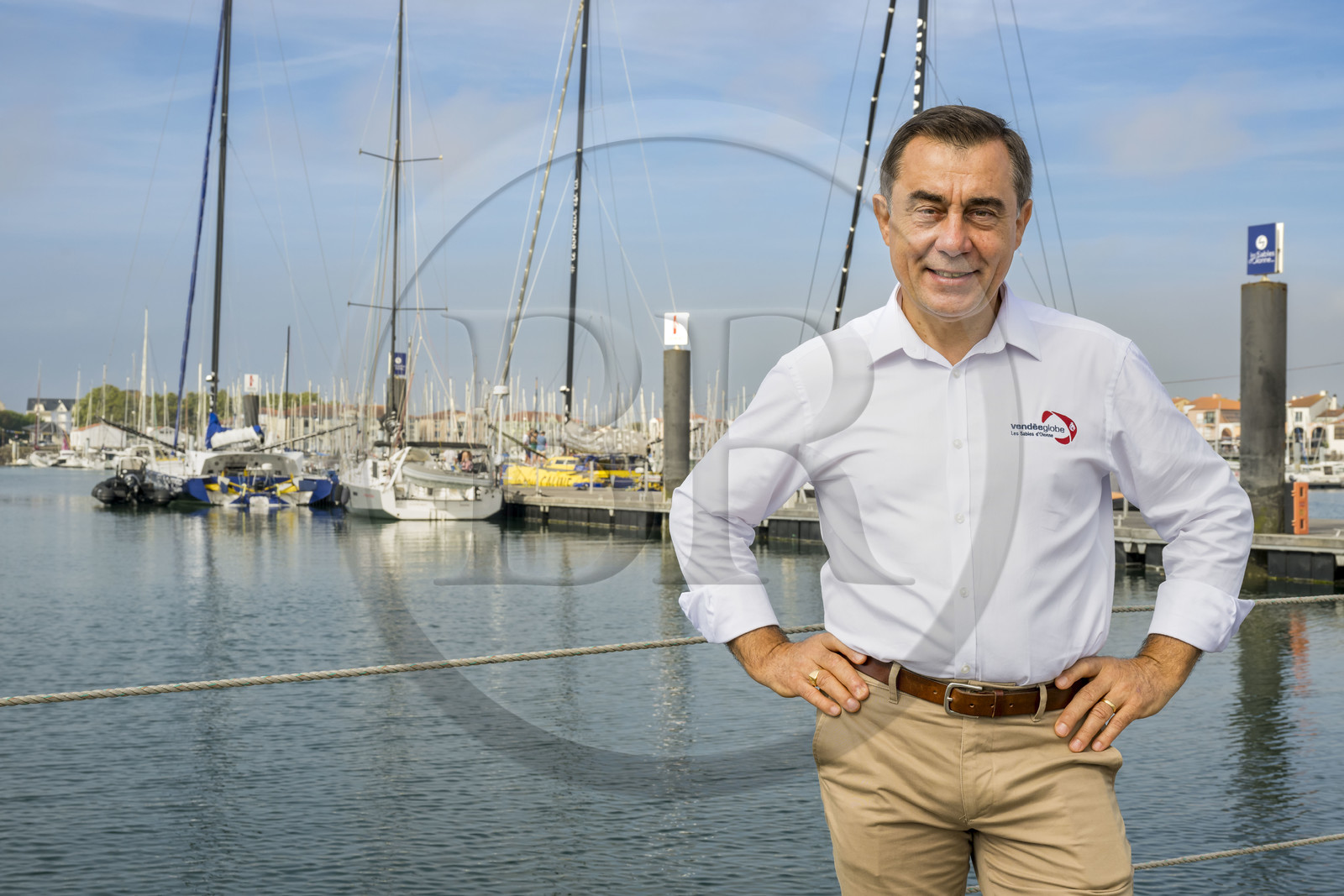 France, Vendée (85), Les-Sables-d'Olonne, Port Olona, ponton des voiliers du Vendée Globe, le président de la course du Vendée Globe Alain Leboeuf