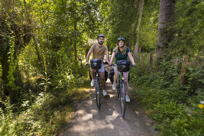France, Deux-Sèvres (79), le Marais Poitevin, la Venise Verte, Sansais, bicycle journey on the Vélo Francette cycle path, bike with a trailer carrying camping equipment