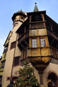 France, Haut Rhin, Colmar, Maison Pfister with Renaissance style (1537) in Rue des Marchands at Christmas and its oriel