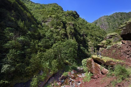 France, Alpes Maritimes, Mercantour Massif, Gorges of Cians carved by the Cians river in red lutite soil, old mule track