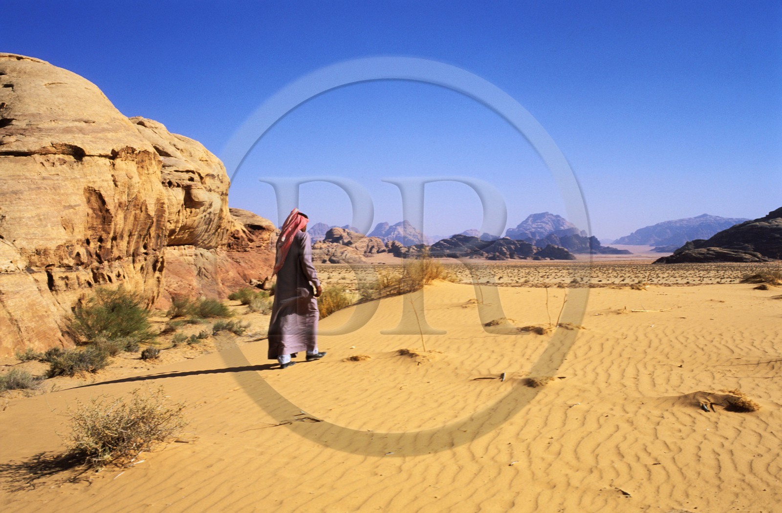 Jordanie, le Wadi Rum, bédouin marchant dans le désert