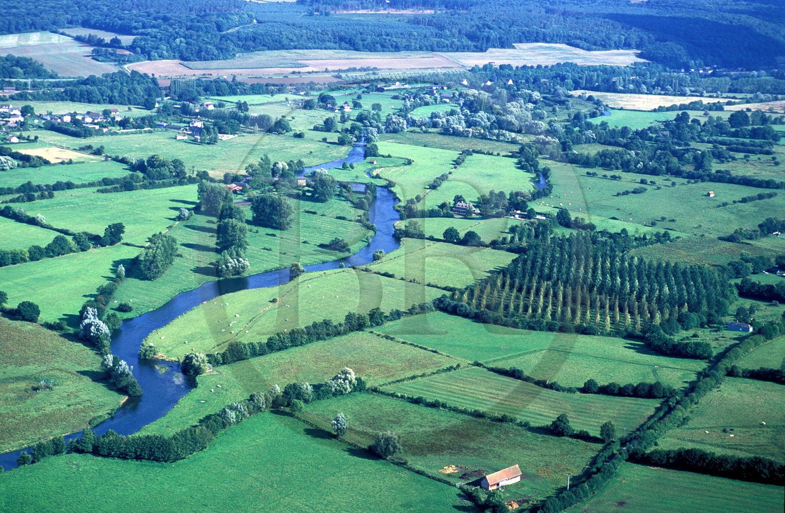 France, Eure, river Risle towards Monfort sur Risle (aerial view)