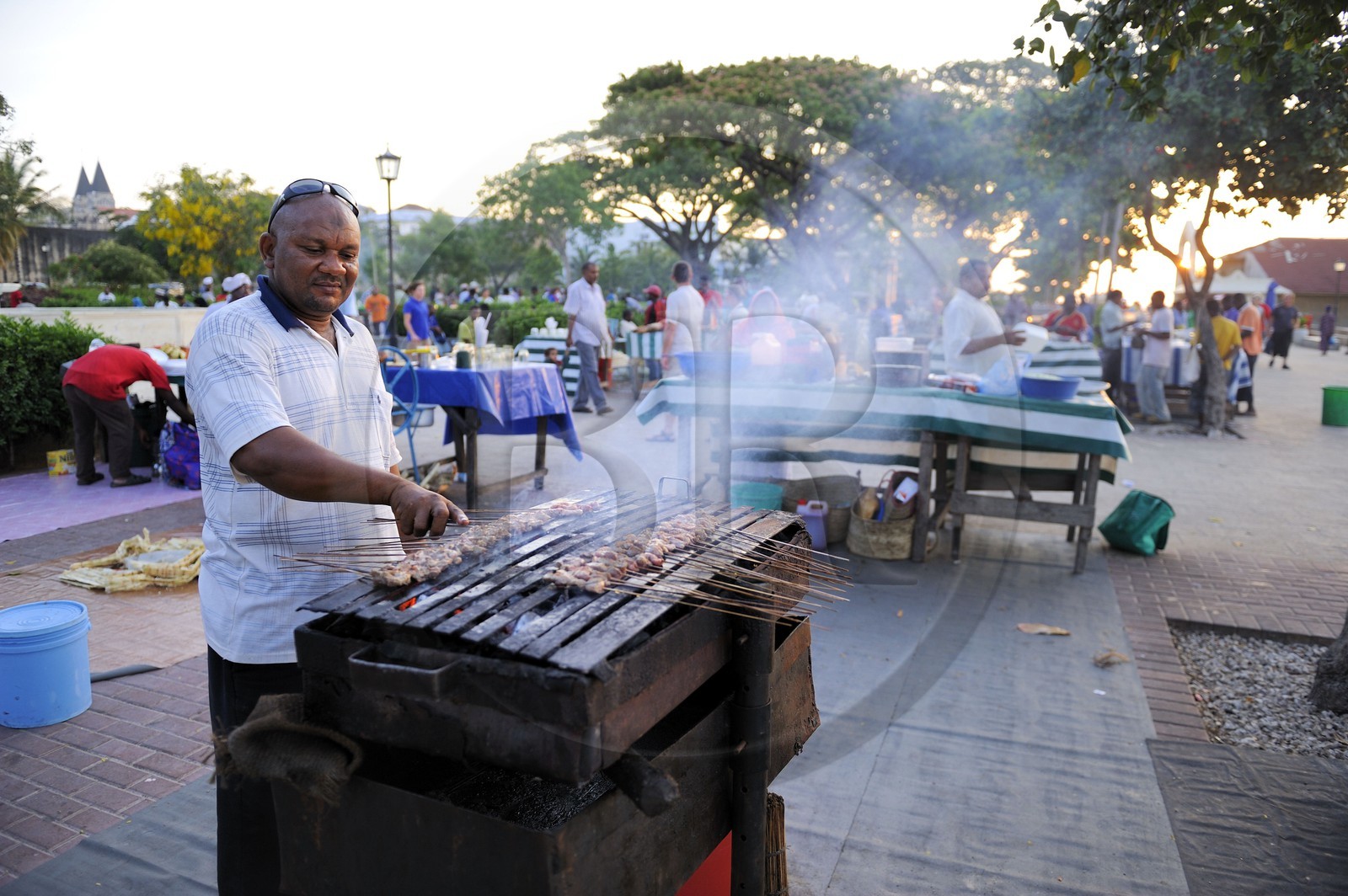 Tanzanie, archipel de Zanzibar, île de Unguja (Zanzibar), ville de Zanzibar, quartier Stone Town, classé Patrimoine Mondial de l' UNESCO, vendeur de viande grillée dans les jardins Forodhani