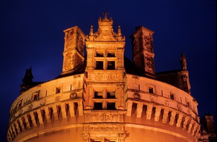 France, Sarthe, tower of Lude castle by night