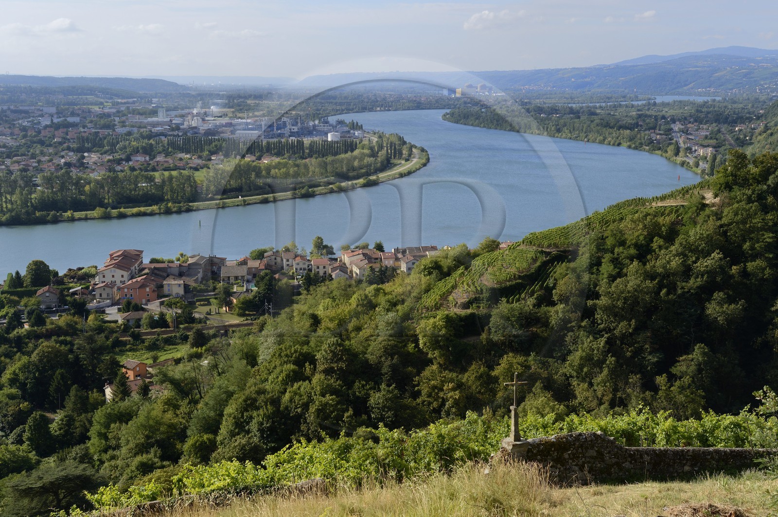 France, Rhone, view over the Rhone river from the heights of the village of Condrieu and its vineyard