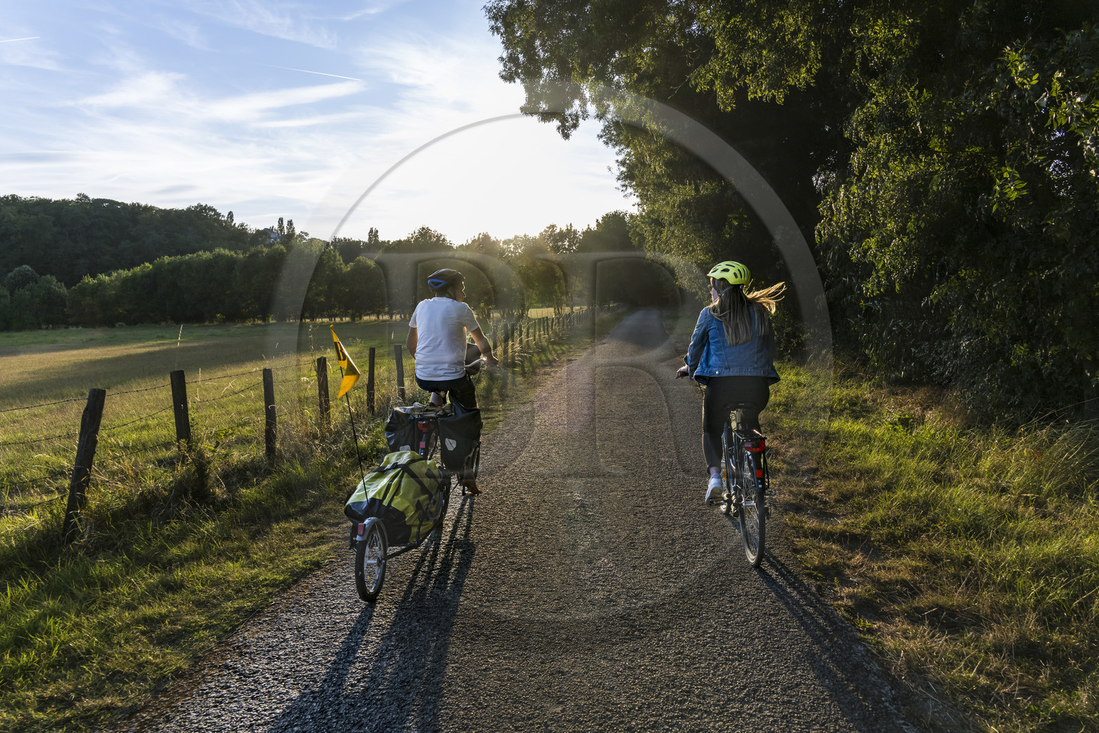 France, Maine-et-Loire, Loire valley listed as World Heritage by UNESCO, Saumur towards Saint-Hilaire, cycling along the banks of the Loire on the Loire à Vélo cycle path, bike with a trailer carrying camping equipment