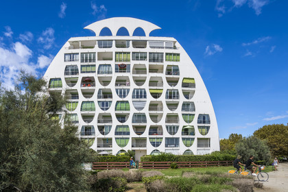France, Herault, La Grande-Motte, labeled 20th century heritage, Couchant (setting sun) district west of the port, Le Poseidon building by architects Gilles and Jean Balladur, belonging to the so called bishops bonnet female architectural style