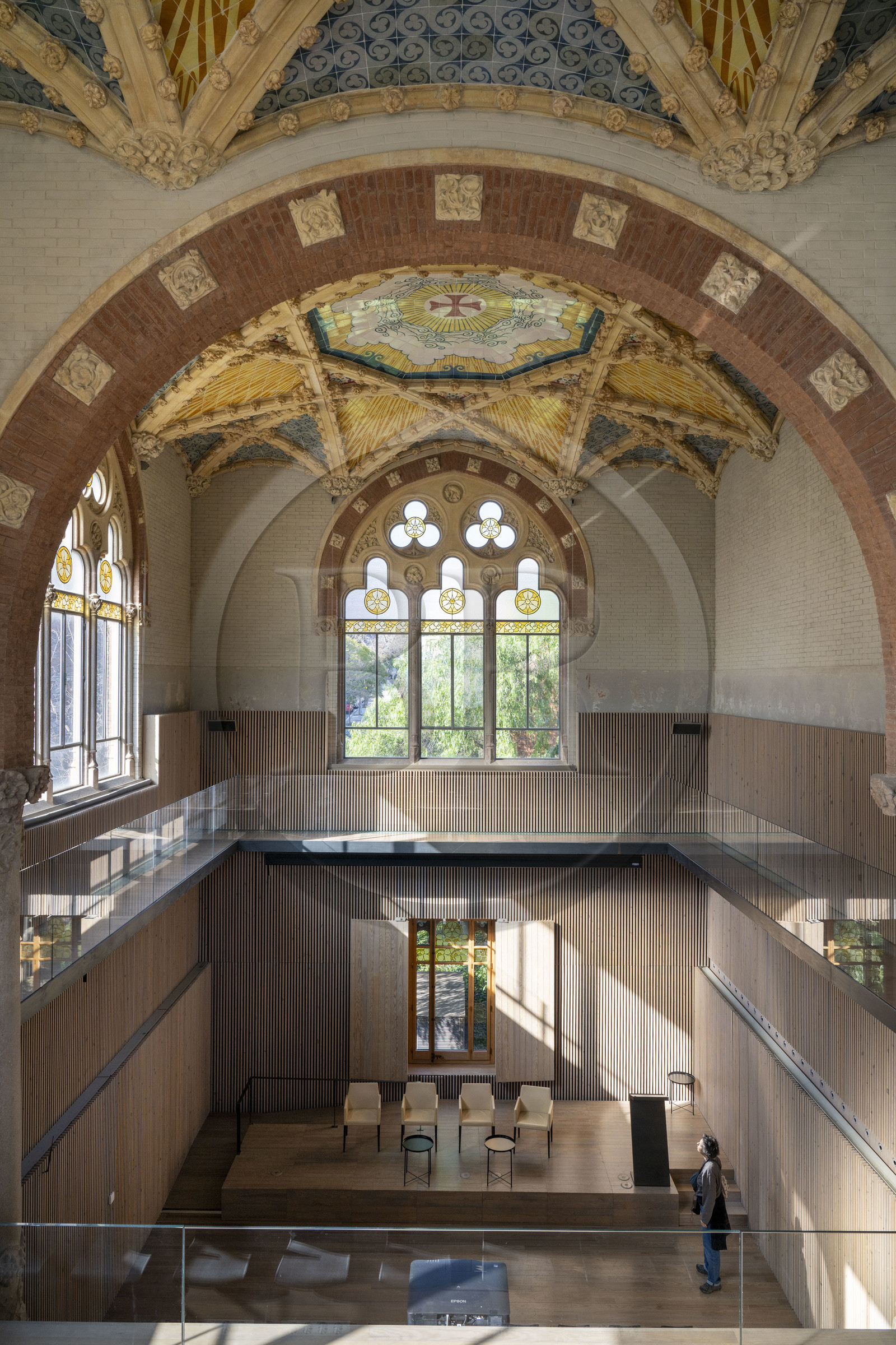 Spain, Catalonia, Barcelona, El Guinardo district, former Hospital de la Santa Creu i de Sant Pau listed as UNESCO World Heritage, modernist style by architect Domenech i Montaner, today a museum and a cultural center, administration building