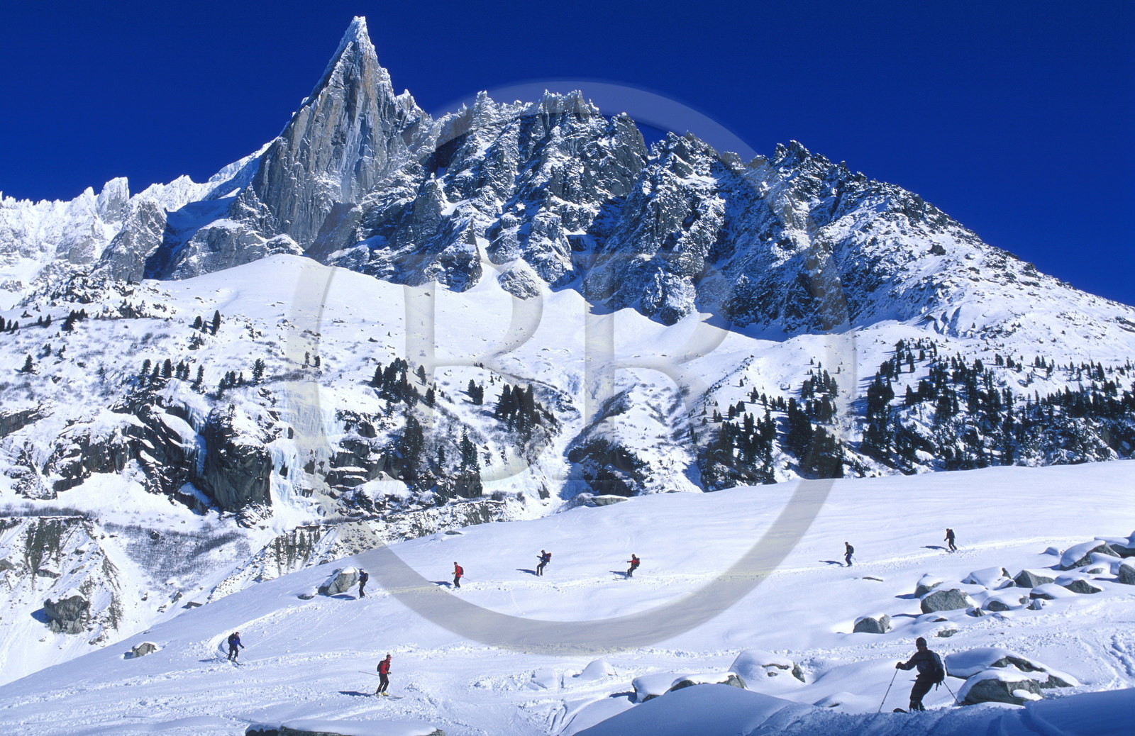 France, Haute-Savoie (74), vallée de Chamonix, skieur sur la Mer de glace aux pied de l'Aiguille verte dans la Vallée Blanche, Mont-Blanc