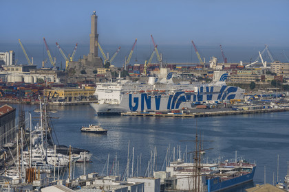 Italy, Liguria, Genoa, the Lanterna lighthouse overlooking the ferry terminal and the commercial port