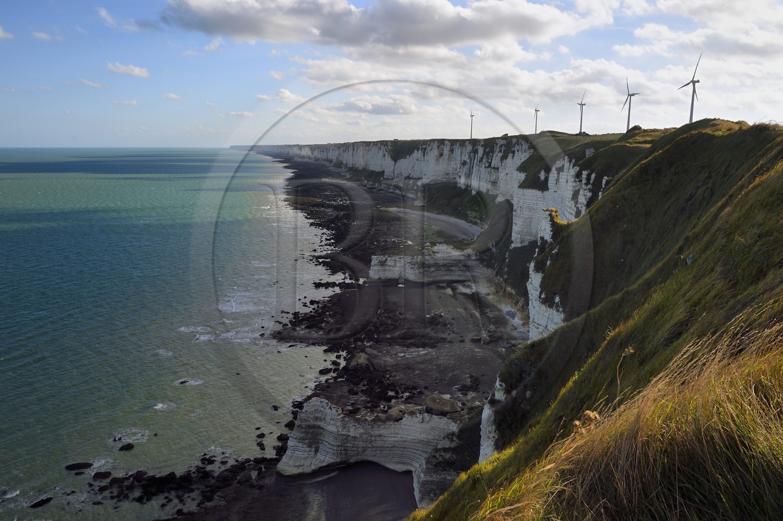 France, Seine Maritime, Pays de Caux, Cote d'Albatre, Fecamp, Cap Fagnet wind turbines
