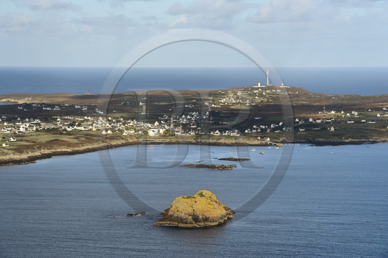 France, Finistere, the regional natural park of Armorica, Iroise sea, Ouessant island, Biosphere reserve (UNESCO), the village of Lampaul (aerial view)