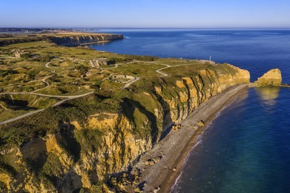 France, Calvados, Cricqueville en Bessin, Pointe du Hoc, ruins of German fortifications and bomb holes made by the Normandy landings of June 6 1944 during the Second World War (aerial view)