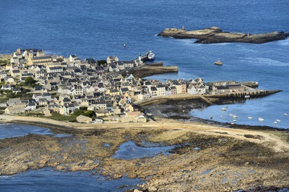 France, Finistere, Iroise Sea, Parc Naturel Regional d'Armorique (Natural Regional Park of Armorique), Ile de Sein, labelled Les Plus Beaux Villages de France (The Most Beautiful Villages of France) (aerial view)