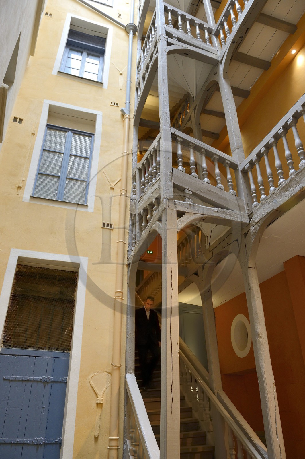 France, Ille-et-Vilaine, Rennes, stairs of a half-timbered house 5 rue de Clisson of the eighteenth century