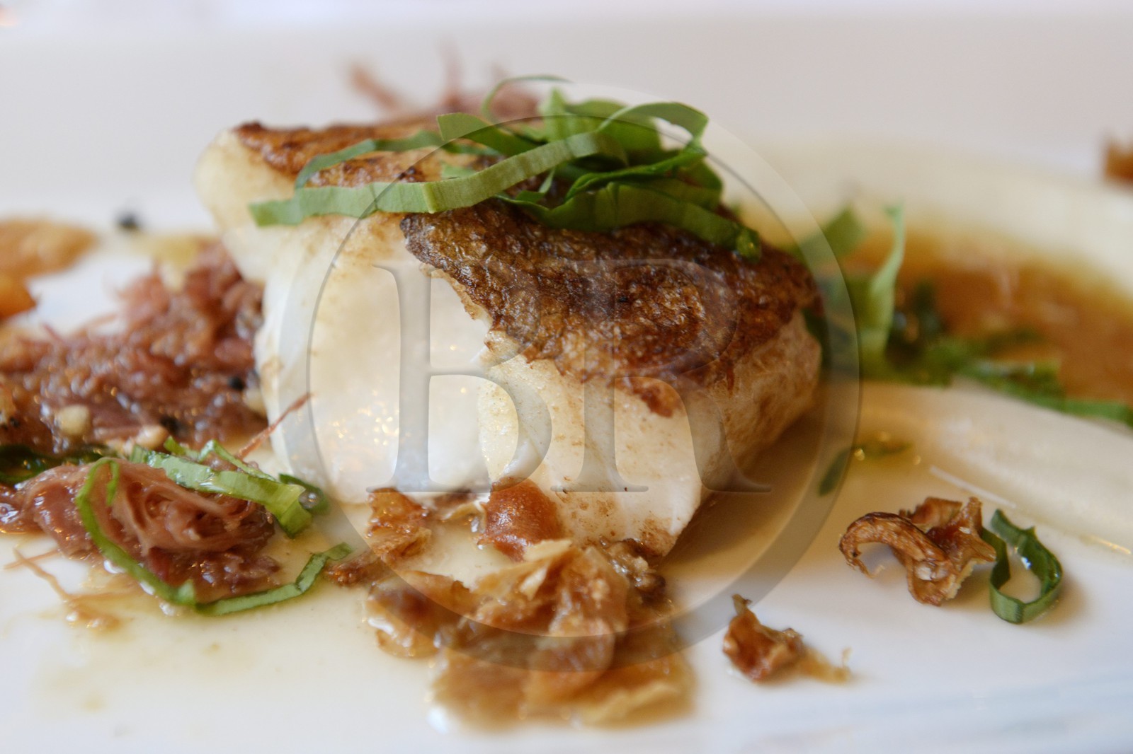 Suède, Västra Götaland, Göteborg (Gothenburg), le restaurant étoilé Michelin Sjömagasinet sur la jetée Klippans (Klippans angbatsbrygga), dos de cabillaud