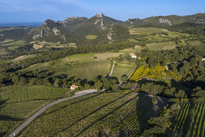France, Vaucluse (84), Dentelles de Montmirail, le vignoble autour du village de Suzette, le Clapis prolongé par le Grand Montmirail à gauche, les Dentelles Sarrasines au centre et le Grand Travers à droite en arrière plan (vue aérienne)