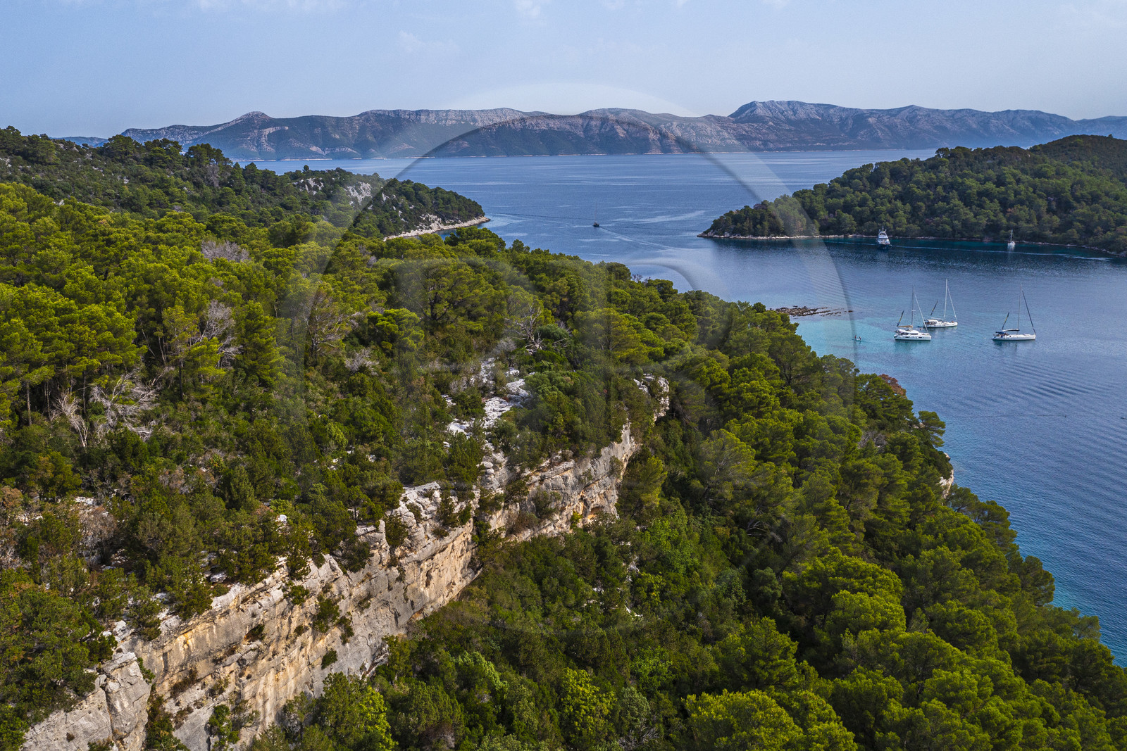 Croatie, Dalmatie, cote dalmate, Ile de Mljet, Parc national de Mljet, mouillage de voiliers dans la baie de Polace (vue aérienne)