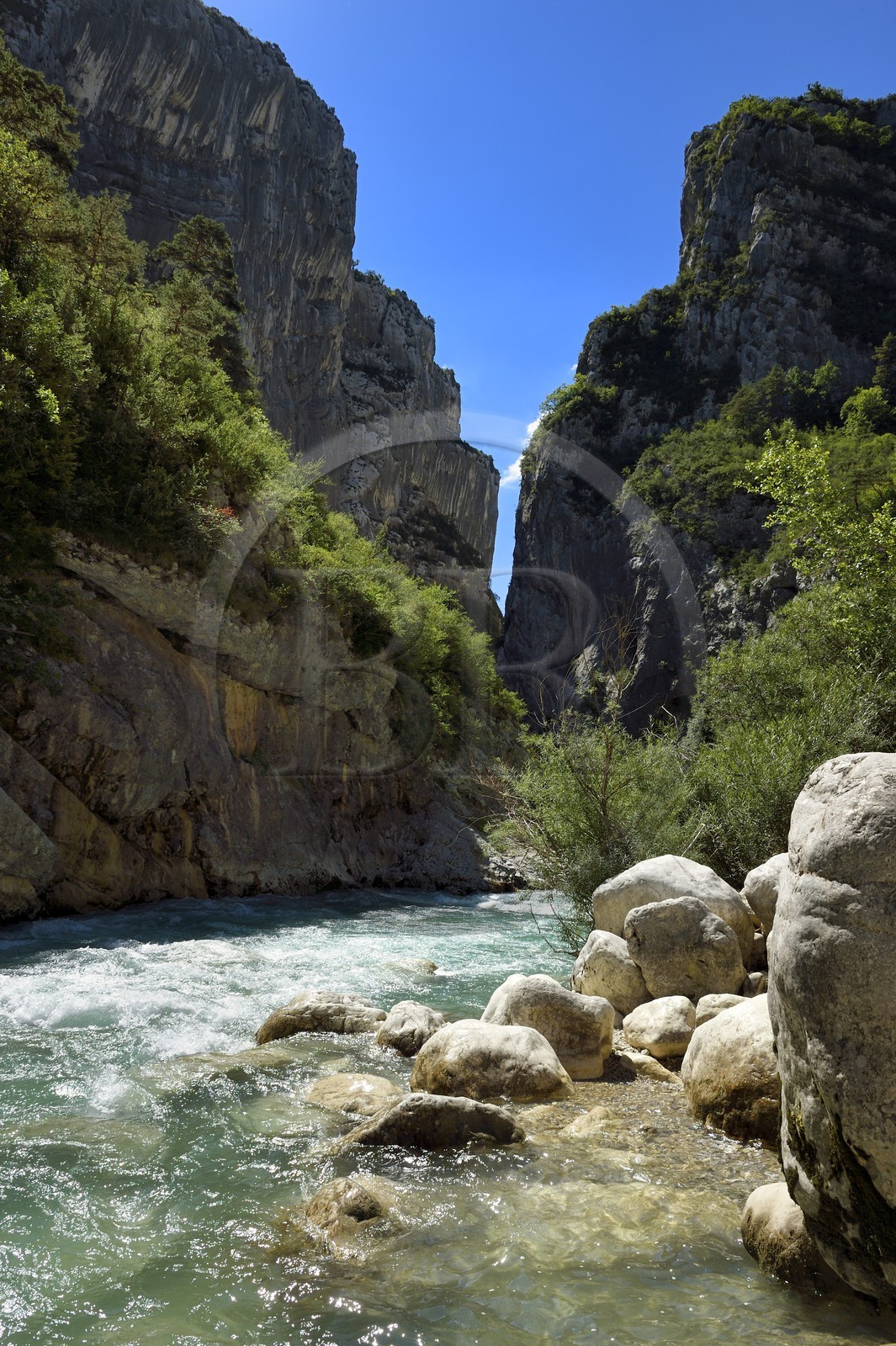 France, Alpes-de-Haute-Provence (04), Parc Naturel Régional du Verdon, les Gorges du Verdon, le Verdon au couloir Samson en contrebas du village de Rougon et du Point Sublime
