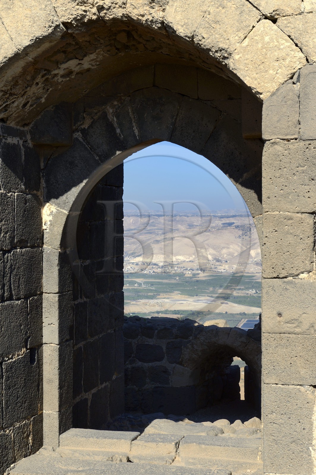 Israel, Northern District, Galilee, Belvoir Fortress is a Crusader fortress hold by the Knights Hospitaller between 1168 and 1189 overlooking the Jordan River valley, the mountains of Jordan in the background