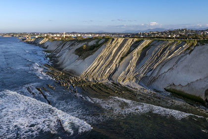 France, Pyrenees Atlantiques, Basque Country coast, the Basque Corniche, Urrugne, the Atlantic coast towards Socoa, flysch cliffs (aerial view)