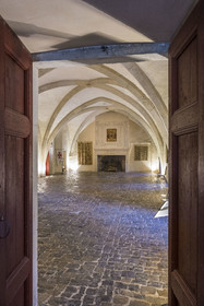 France, Aveyron, Causses and the Cévennes, cultural landscape of Mediterranean agro-pastoralism, listed as World Heritage by UNESCO, Sainte-Eulalie-de-Cernon, Templar Commandery then Hospitaller Commandery of the Order of Saint John of Jerusalem, the large hall used as a refectory and meeting place for the chapter