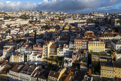Portugal, Lisbon, Misericordia district to the west of Bairro Alto, in the background on the left the Sao Bento Palace which houses the Assembly of the Portuguese Republic, in the center the Igreja de Nossa Senhora das Merces church adjacent to the Passos Manuel School on the right (aerial view)