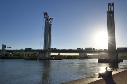 France, Seine Maritime, Rouen, Gustave Flaubert lift bridge over the Seine river and the embankments