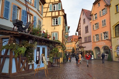 France, Haut Rhin, Colmar, gabled houses and wood-framed houses in Grand Rue with Christmas decorations