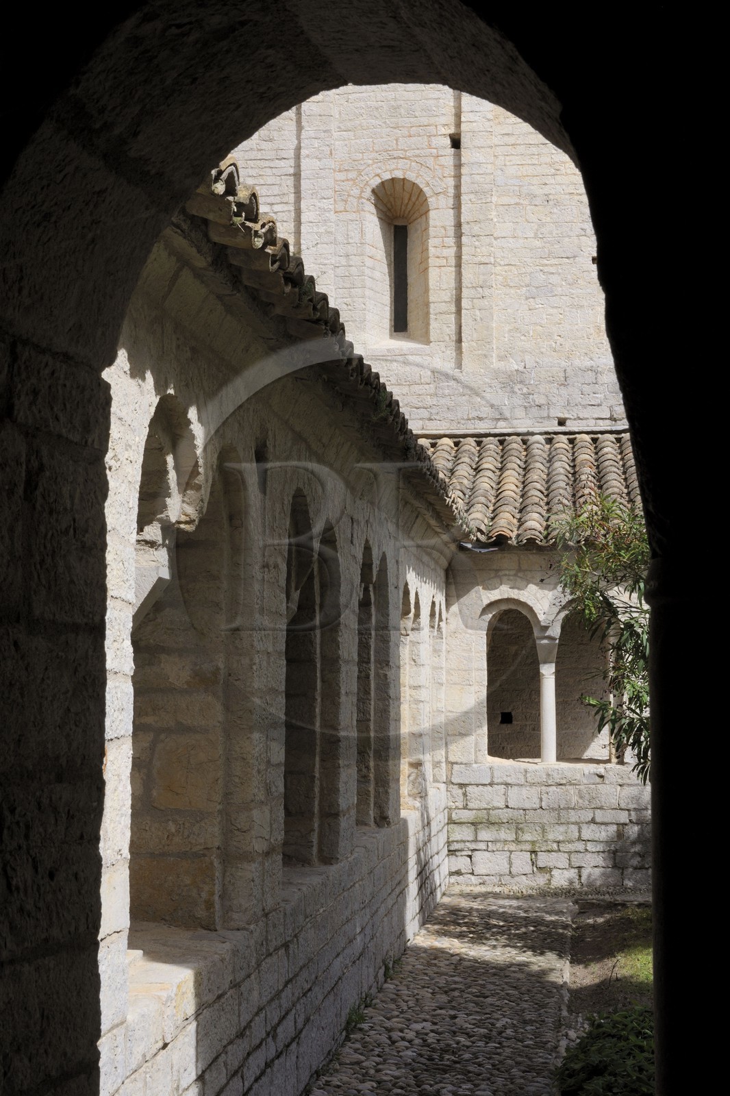 France, Hérault (34), village médiéval de Saint-Guilhem-le-Désert, étape du pélerinage de Saint-Jacques-de-Compostelle, labellisé Les Plus Beaux Villages de France, abbaye de Gellone du XIe siècle classée Patrimoine Mondial de l'UNESCO, Le cloître