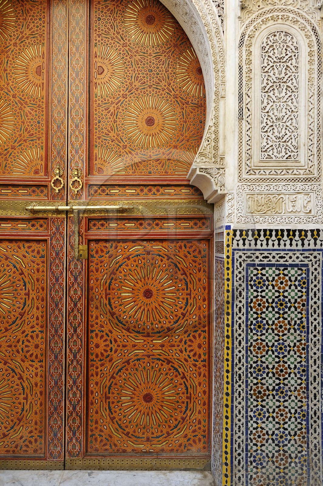 Morocco, Middle Atlas, Fez, Imperial City, Fez El Bali, medina listed as World Heritage by UNESCO, Zaouia funerary mosque of Sidi Ahmed Tijani, fine-cut facade and zelliges of the side entry