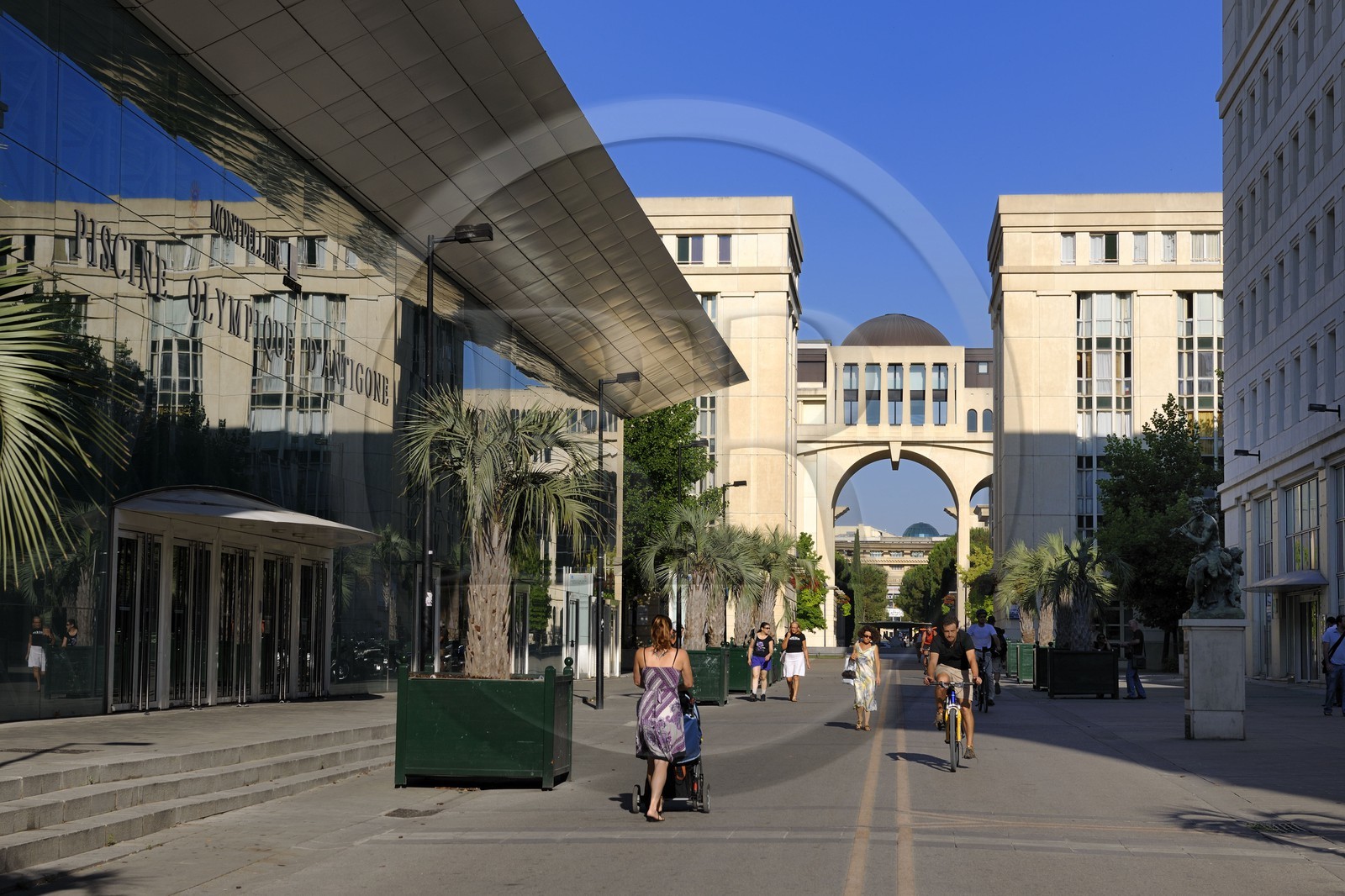 France, Herault, Montpellier, Antigone District by the architect Ricardo Bofill, Olympic-size swimming pool and the allee de Délos