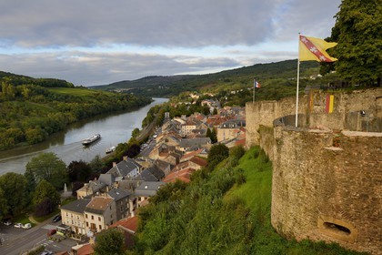 France, Moselle, Moselle Valley, Sierck les Bains on the Moselle River dominated by its Castle of the Dukes of Lorraine of the 12th century
