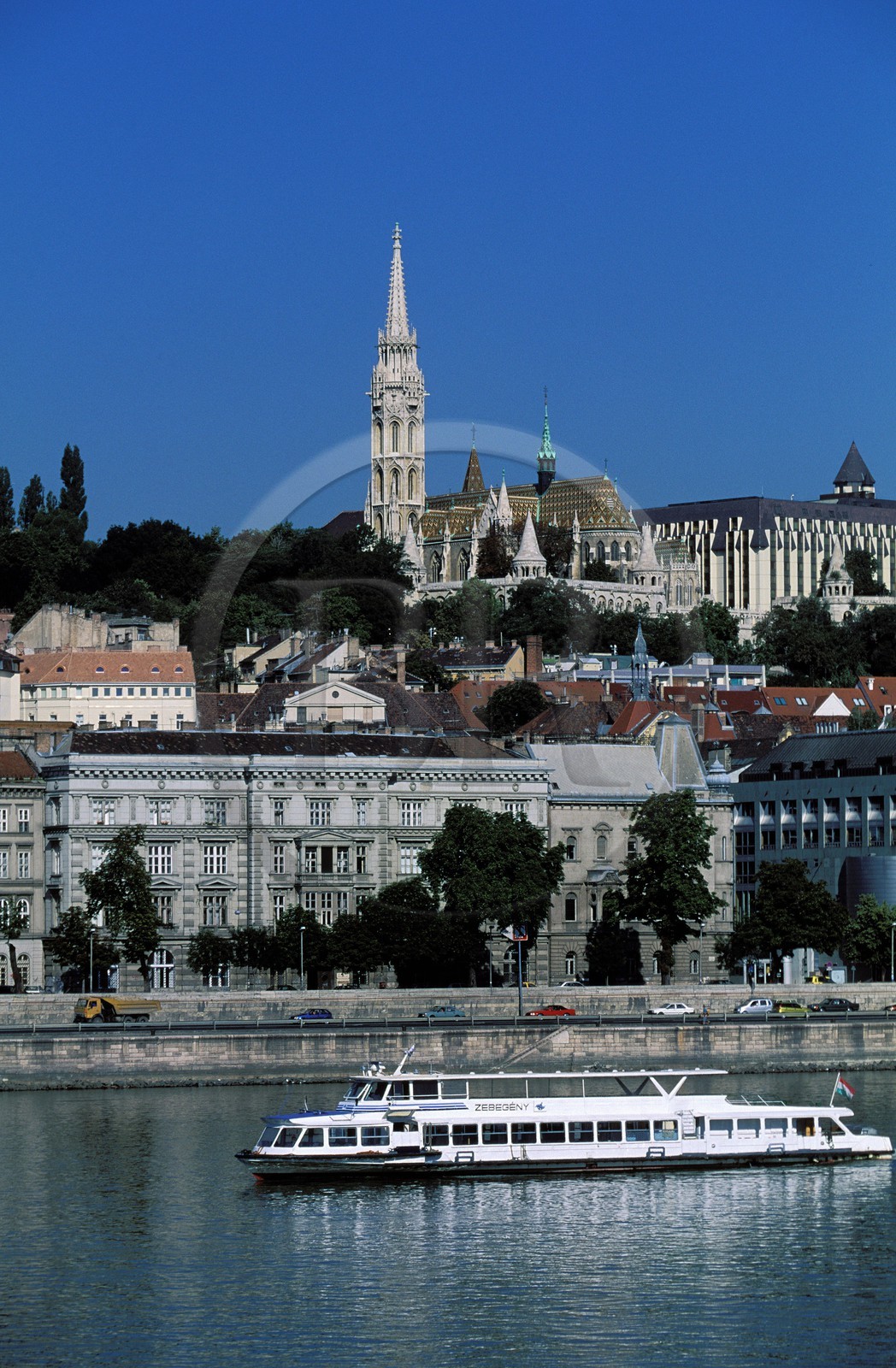 Hungary, Budapest, Mathias church in Buda, cruise liner on Danube
