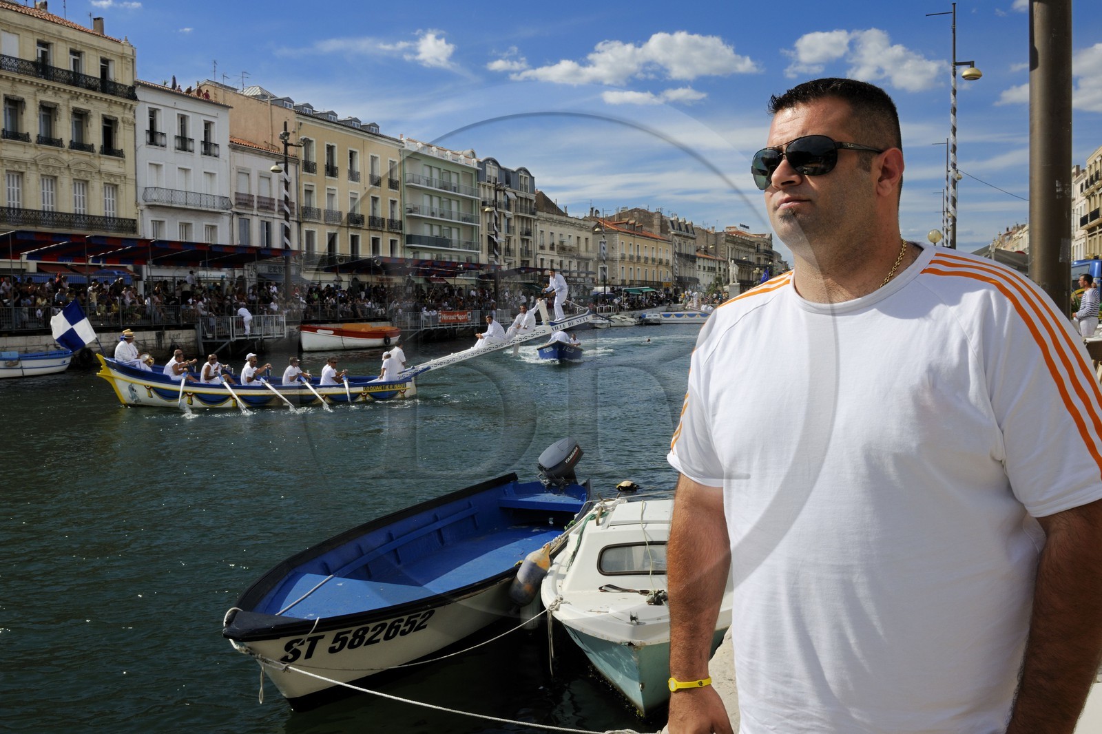 France, Hérault (34), Sète, canal Royal, fête de la Saint Louis, joutes sètoises, Michaël Arnaud membre de la Lance Amicale Sétoise (LAS)