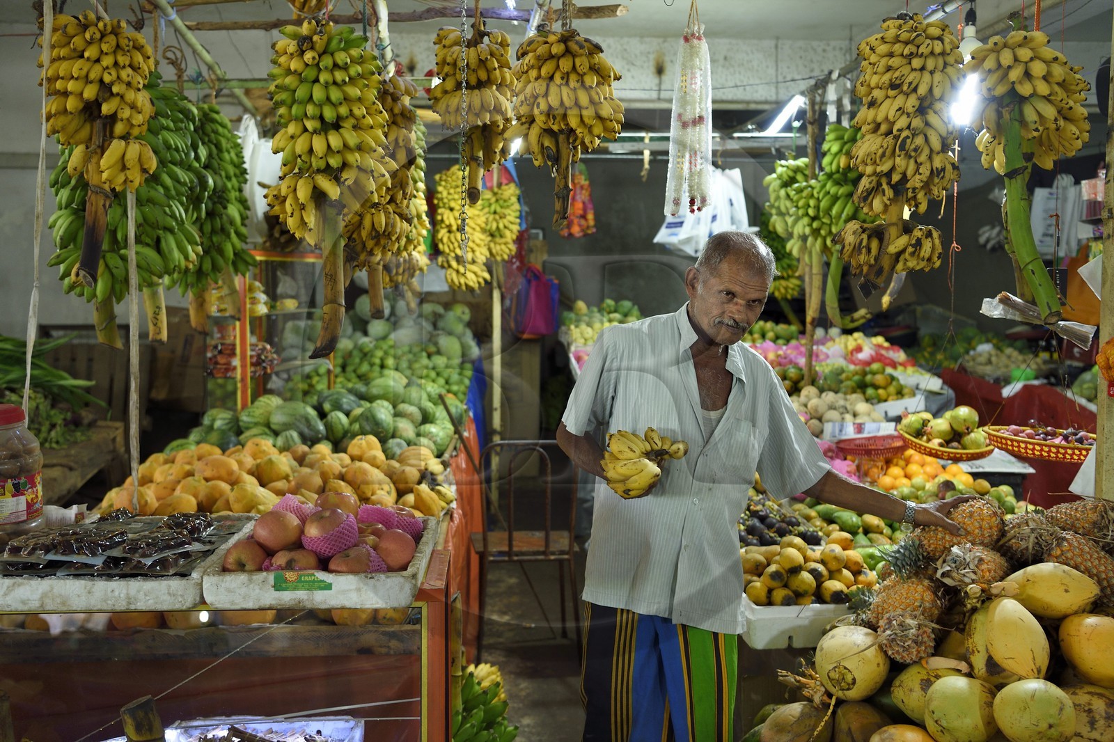 Sri Lanka, Province d'Uva, Bandarawela, marché couvert, étal de fruits
