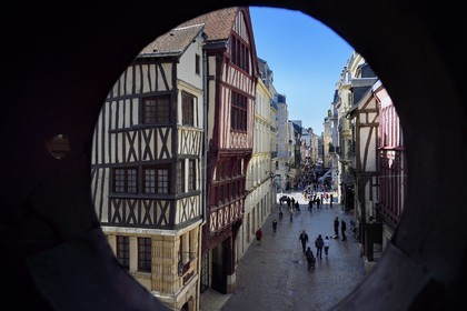 France, Seine-Maritime, Rouen, the street rue Gros Horloge from the inside of the Gros-Horloge pavilion
