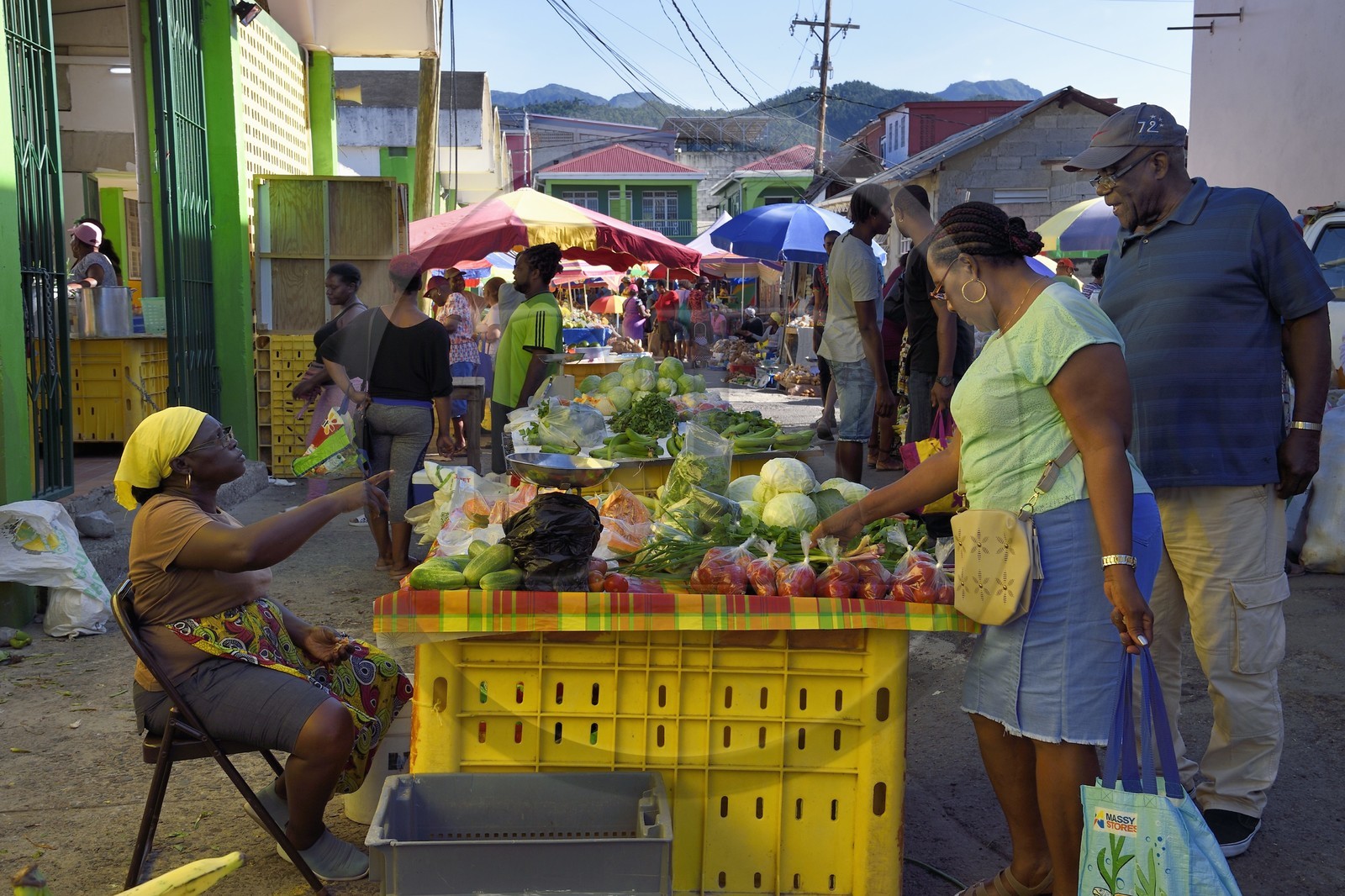 Caribbean, Dominica Island, the capital city Roseau, fruit and vegetable stall sales near the central market