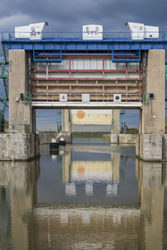 France, Gard, Aigues Mortes, the Portes de Vidourle locks which allow the Rhone to Sète Canal to cross the Vidourle river and control its floods