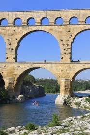 France, Gard, Pont du Gard listed as World Heritage by UNESCO, Roman aqueduct over Gardon River, canoeing